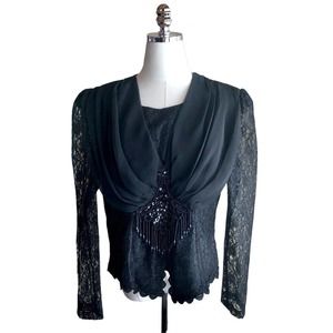 Vintage Special Occasion Blouse Black Sequined Beaded Fringe Lace